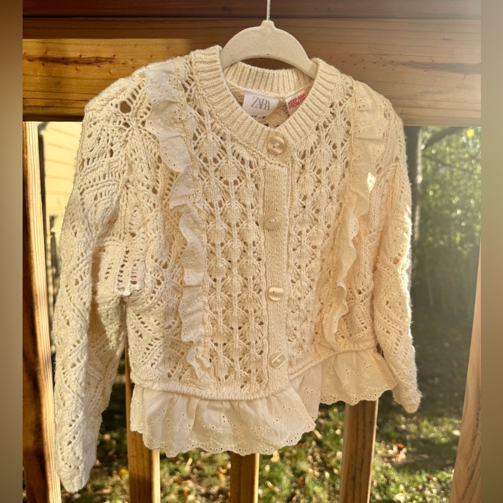 Zara Openwork Knit Cardigan with Ruffle Trim, Ecru, 18 months